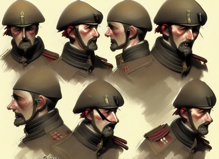 Image similar to 1 8 5 5 british crimean war soldier, character face study, multiple angles, directions and moods. faces only, concept art finely detailed perfect art, painted by greg rutkowski makoto shinkai takashi takeuchi studio ghibli, pinterest, cevagraf comics