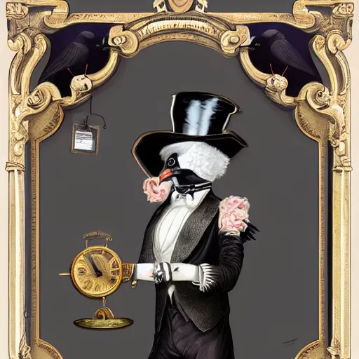 Prompt: an ultra detailed dapper-looking bio-mechanical clockwork crow wearing a top hat with a painting of a female pigeon behind him, by Yuumei, Trending on Artstation, CG Society