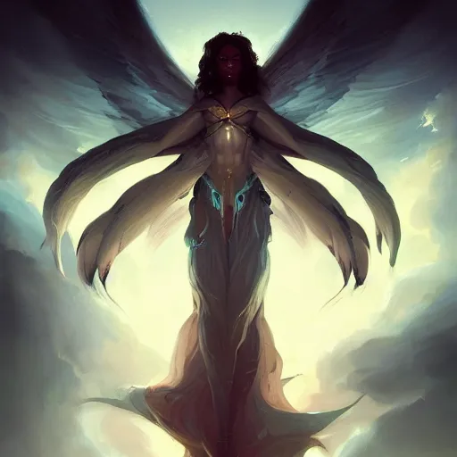 Image similar to made bypeter mohrbacher, a black female angel hovering in the sky, dystopian background, ultra realistic, 4 k, detailed, concept art, fantasy, deviantart, intricate, masterpiece, award winning,