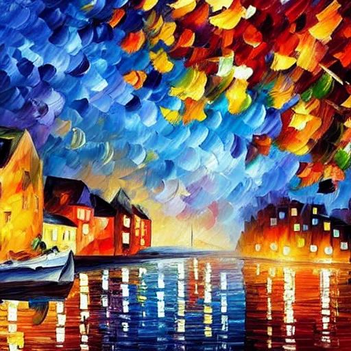 Prompt: beautiful cityscape of a seaside village in the style of leonid afremov