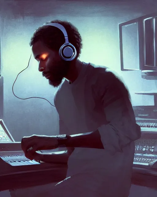 Image similar to light skin black man with headphones at his home studio producing music late at night, very detailed, 4 k, concept art like ernest khalimov, intricate details, highly detailed by greg rutkowski, ilya kuvshinov, gaston bussiere, craig mullins, simon bisley