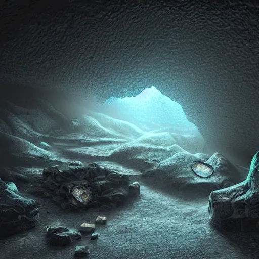 Prompt: a dark, foreboding cave with strange, glowing crystals, digital art, harsh lighting