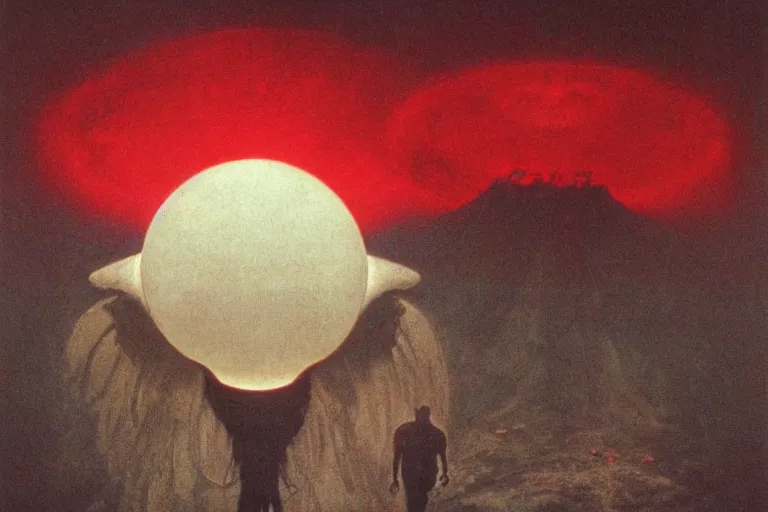 Image similar to people activate behelit in the middle of eclipse, human sacrifice , Old testament angel, dark sky, red cloud, sea of blood, beksinski