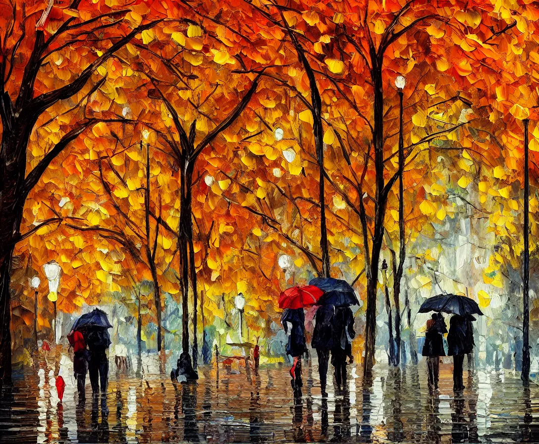 Rainy Autumn Evening in The Park acrylic palette knife painting