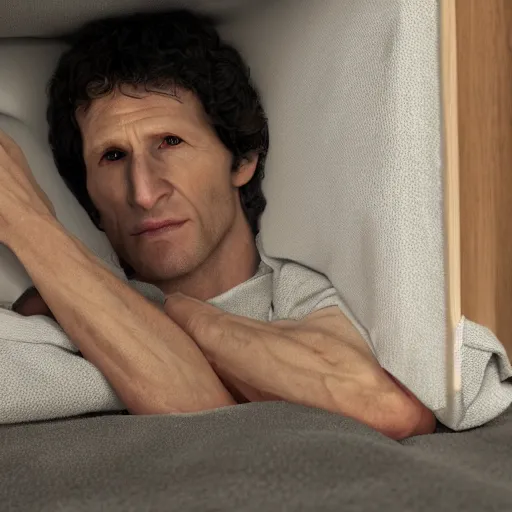 Prompt: A photograph of Todd Howard looking out from under a bed, 4K UHD, high quality, low light, funny