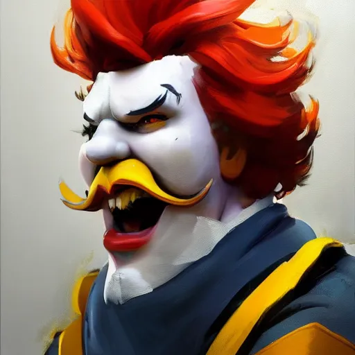 Image similar to greg manchess portrait painting of ronald mcdonald as overwatch character, medium shot, asymmetrical, profile picture, organic painting, sunny day, matte painting, bold shapes, hard edges, street art, trending on artstation, by huang guangjian and gil elvgren and sachin teng