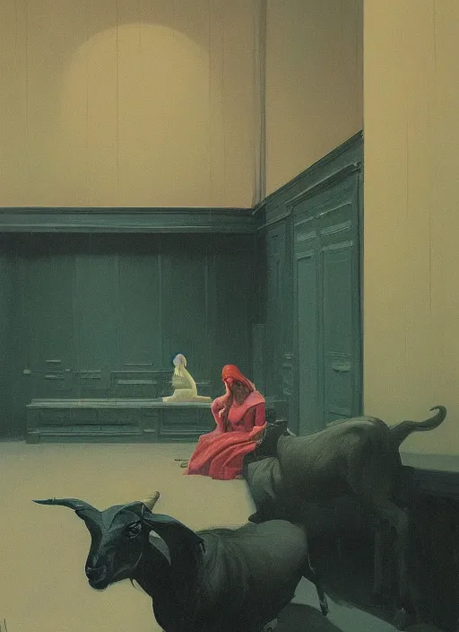 Image similar to woman sitting on a large throne next to a goat on rainy night by Edward Hopper and James Gilleard, Zdzislaw Beksinski, Katsuhuro Otomo highly detailed