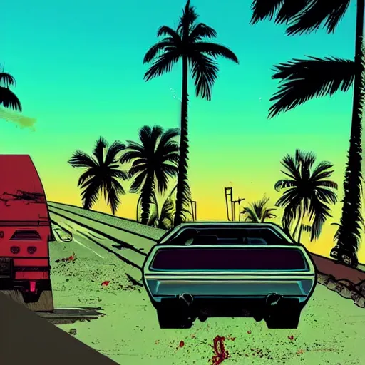 Image similar to wasteland hotline miami desert apocalypse car wide shot landscape nuke fire craters end of the world miami beach sunset palm trees 80s synth retrowave delorean decal