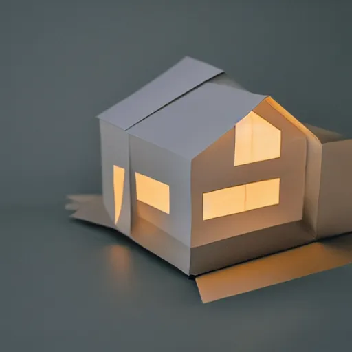 Image similar to a house made from layered paper, 2D, flat minimalistic, ambient light