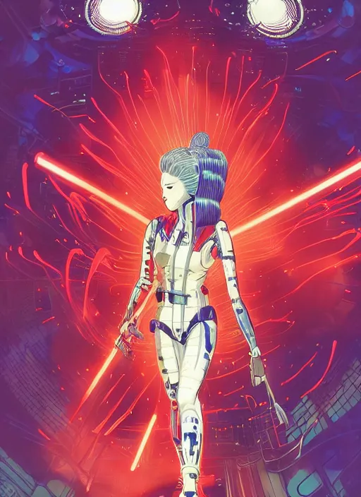 Image similar to a futuristic female geisha warrior, red hair made out of water, blade runner, akira, ghost in the shell, 2077, style of Laurie Greasley and Satoshi Kon + symmetric lights and smoke, psychedelic effects , glowing particles, neon rain, glowing runes, de-noise, symmetrical composition, high detailed + tarot card, ornate border, 8k,