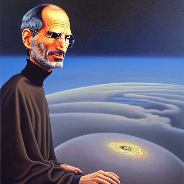 Image similar to an oil on canvas portrait painting of steve jobs in a surreal environment, surrealism, surrealist, cosmic horror, rob gonsalves, high detail