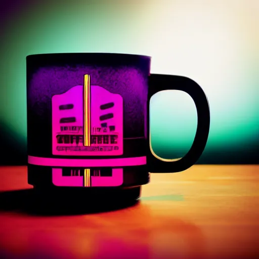 Image similar to synthwave coffee cup, dark studio lighting