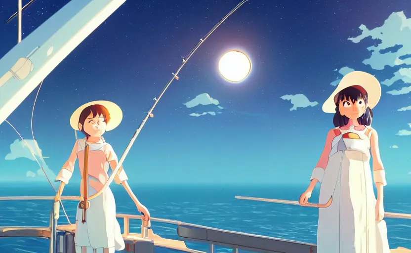 Image similar to a movie still from a space opera studio ghibli animation of a cute woman on a fishing boat wearing a sunhat, studio ghibli, pixar and disney animation, sharp, rendered in unreal engine 5, anime key art by artgerm and pascale campion, beautiful dramatic lighting