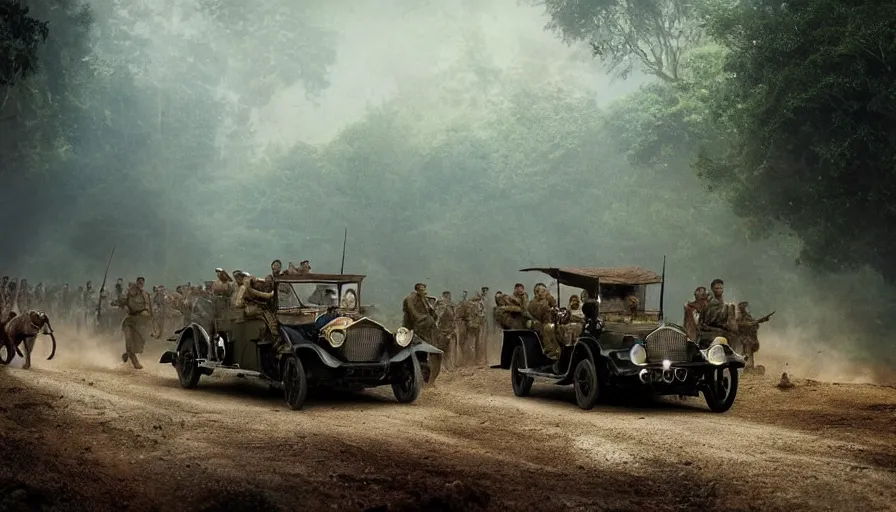 Image similar to british army driving a car in 1921 in kerala forest road, tribe members attacking, action scene, an epic fantasy, dramatic lighting, cinematic, establishing shot, extremely high detail, photorealistic, cinematic lighting, artstation, matte painting by christopher nolan, horizon forbidden west