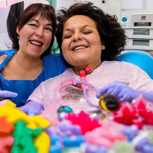 Prompt: photo of a happy patient and nurse in a hospital room made out of soft candy, candy equipment, candy hospital room, candy treatments, oompa loompa virus, willy wonka pandemic