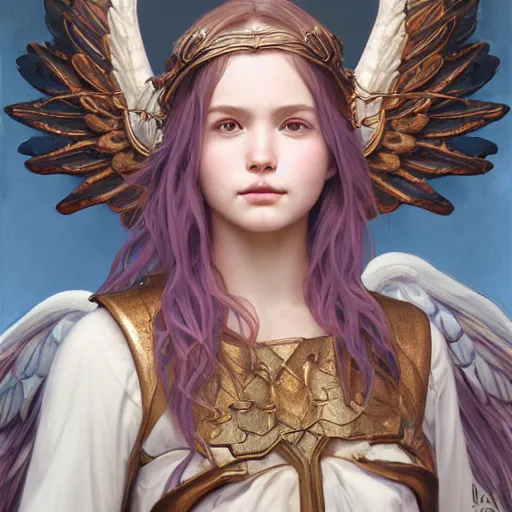 Image similar to portrait of young aasimar angel girl maiden wearing comfy leather armor with beautiful feathered angel wings, brown eyes, by artgerm and greg rutkowski and alphonse mucha and andrei riabovitchev and Rossdraws and Bluesssatan and Mandy Jurgens and Stjepan Sejic, 4k oil on linen, vivid colors, colorful, photorealistic, high dynamic range, HDR, intricate, elegant, highly detailed, digital painting, artstation, concept art, smooth, sharp focus, illustration, mid-shot, medium shot, hyperdetailed