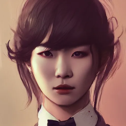 Image similar to portrait of a beautiful korean girl wearing a men's tuxedo, with bangs, very long hair and bangs, angular features, angry expression, dramatic lighting, illustration by Greg rutkowski, yoji shinkawa, 4k, digital art, concept art, trending on artstation