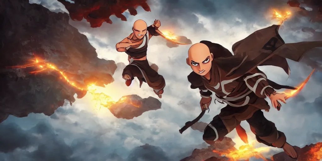 Prompt: Avatar Aang flying above the battlefield and destroying everything. Highly detailed, artstation, dramatic, dark.