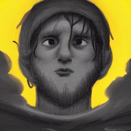 Prompt: Close up of a terrified young catholic priest at the top of a medieval tower watching in fear as an ominous yellow shadow descends upon him from the night sky. His face is seen from above. High angle, dramatic lighting. Award-winning digital art, trending on ArtStation