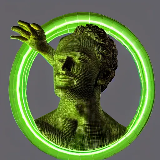 Image similar to a neon ring around a 3 d render of the statue of david, in the style of michelangelo