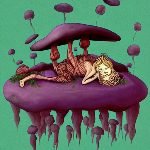 Image similar to sleep paralysis while on mushrooms, mushroomcore, naturecore, high quality art, digital art