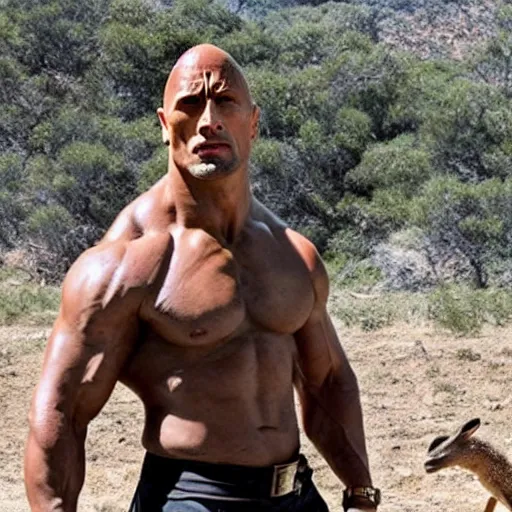 Image similar to dwayne johnson as a ninja fights multiple kangaroos