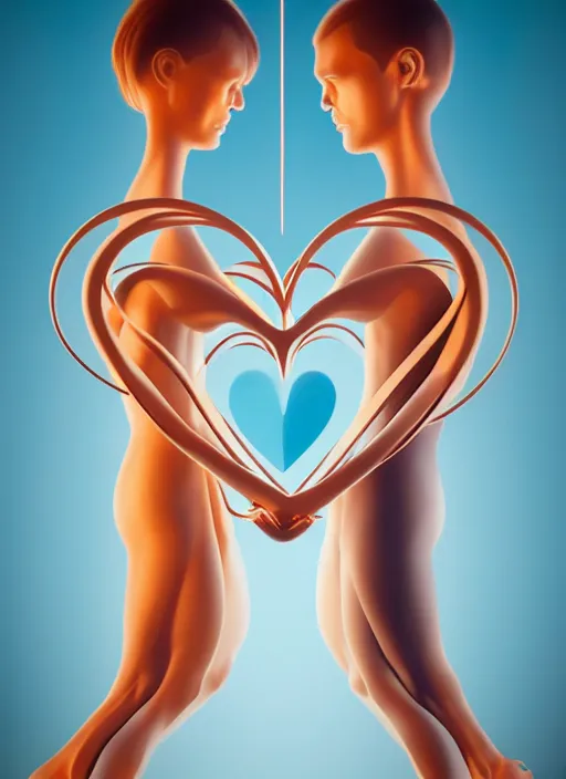 Image similar to style of santiago calatrava, perfectly centered symmetrical balanced male and female portrait of man and woman in love sharing one heart. high coherence ; fractal geometrical cartoon 8 k ultra hd