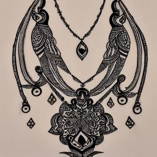 Image similar to black and white opulent necklace neckline feminine tattoo sketch with jewels and birds on paper