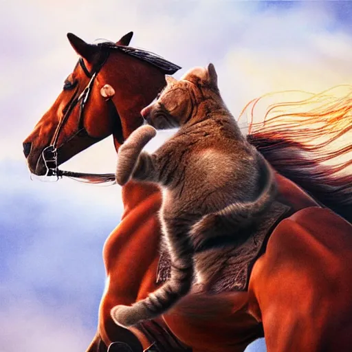 Image similar to a cat riding on a horses back, photorealistic art, high definition