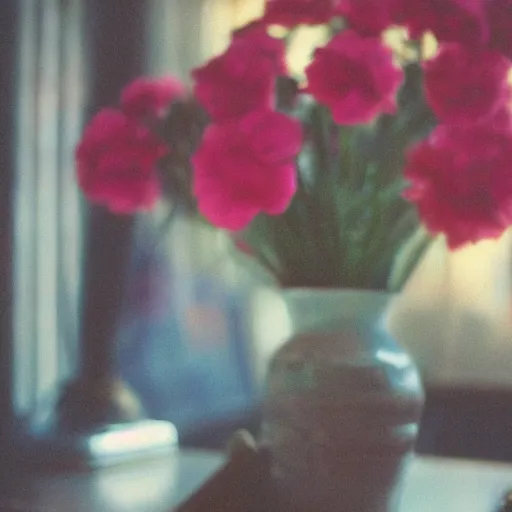 Prompt: medium shot photo of a vase on a table, pentax k1000