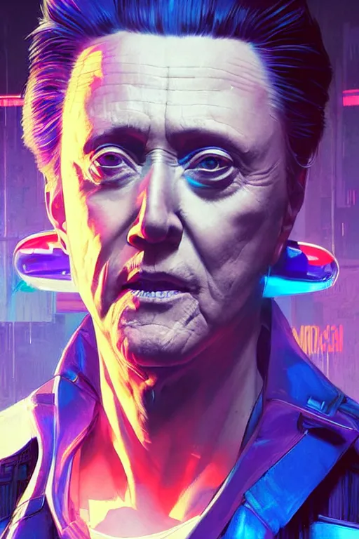 Prompt: a cyberpunk christopher walken with blue hair, neon colors, hyper detailed, digital art, cinematic lighting, concept art by artgerm and greg rutkowski and caravaggio and moebius and jakub rebelka