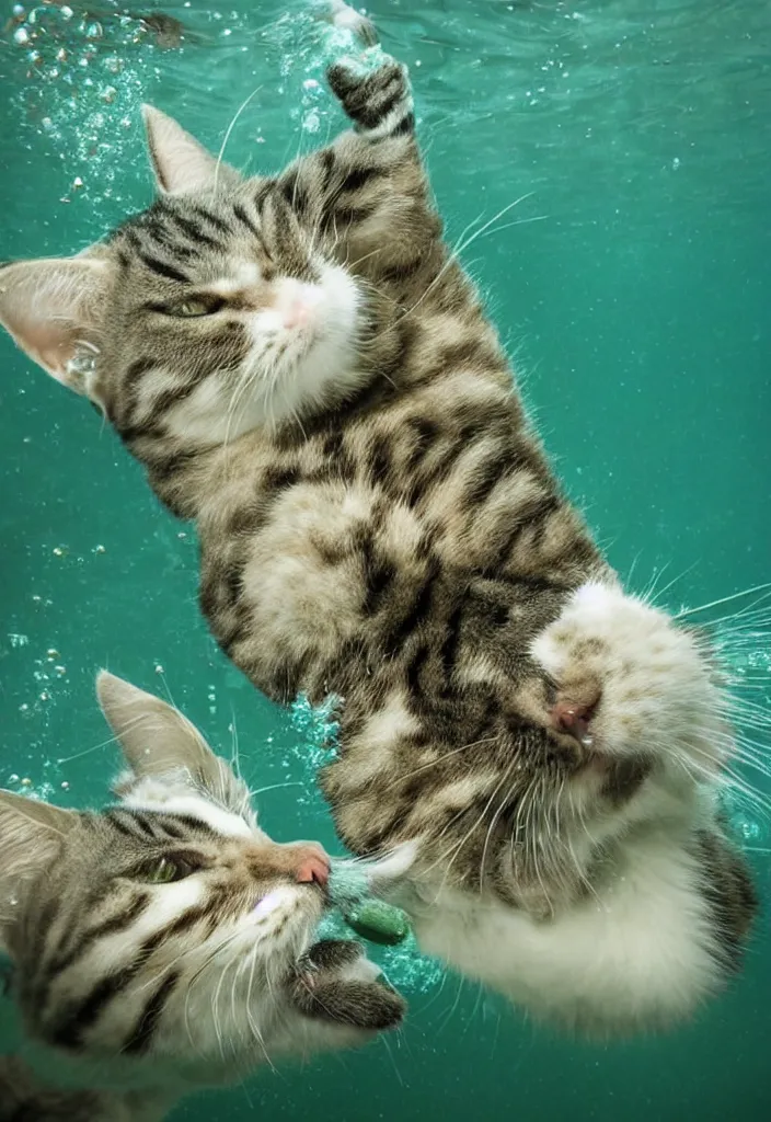 Prompt: A cat licking a cucumber underwater, award-winning photograph, detailed