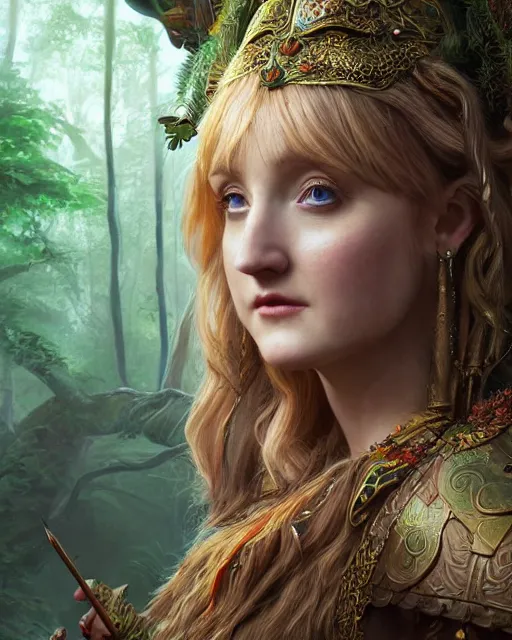 Image similar to Beautiful art portrait of Melissa Rauch as a fantasy priestess in a bright temple surrounded by lush forest, atmospheric lighting, intricate detail, cgsociety, hyperrealistic, octane render, RPG portrait, ambient light, dynamic lighting