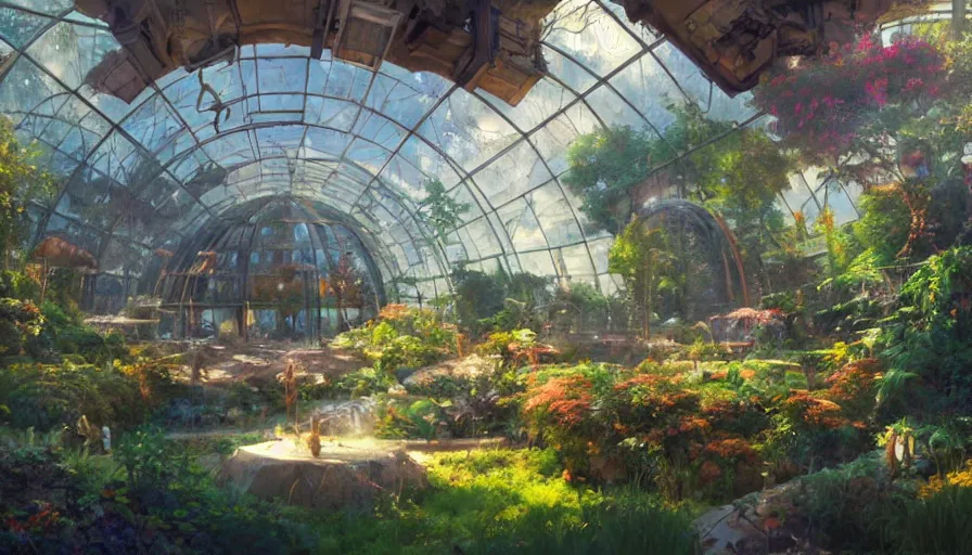 Image similar to craig mullins and ghibli digital illustration of the interior of a biodome, colorful, unreal engine, hyper realism, realistic shading, cinematic composition, realistic render, octane render, detailed textures, photorealistic, wide shot,