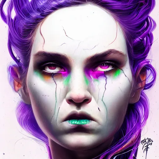 Image similar to detailed art portrait of a furious girl with think, hair-like purple tentacles on her head and bright purple eyes, 8k,by tristan eaton, Stanley Artgermm,Tom Bagshaw,Greg Rutkowski,Carne Griffiths,trending on DeviantArt, face enhance,hyper detailed ,full of colour,