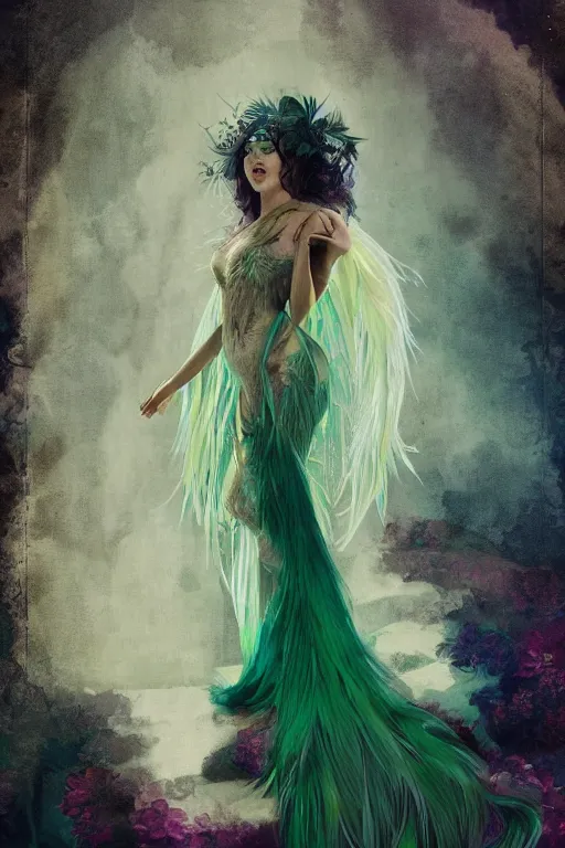 Prompt: ombre fishnet gown, queen of feathers, portrait, long green hair, wings, emeralds, lace, tattered dress, glasses, tattooed pinup, feral languid woman, by greg rutkowski, anato finnstark, alphonse mucha, global illumination, radiant light