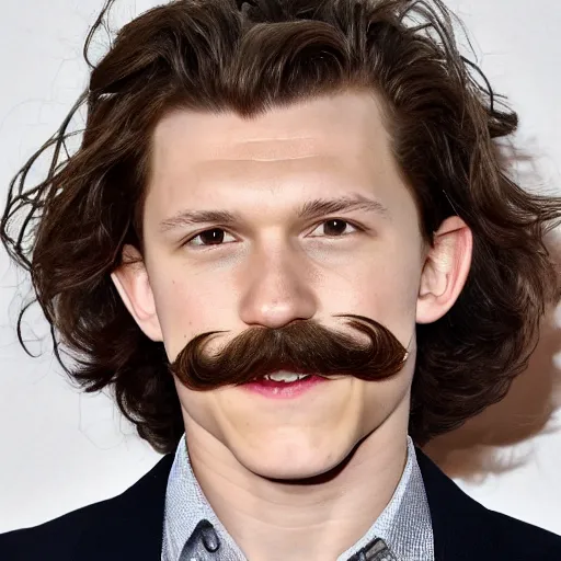 Image similar to tom holland with a big curly mustache