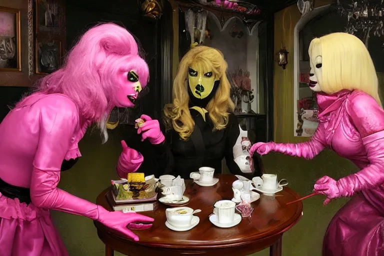 Image similar to Angelyne fights Scorpion from Mortal Kombat in the tea room, painted by mark ryden