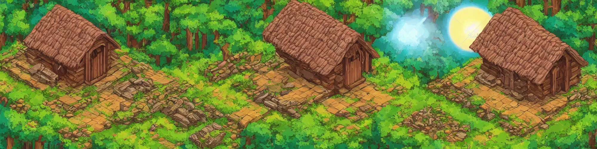 Image similar to isometric painting of ancient forest with mystical cozy cabin highlighted by sun