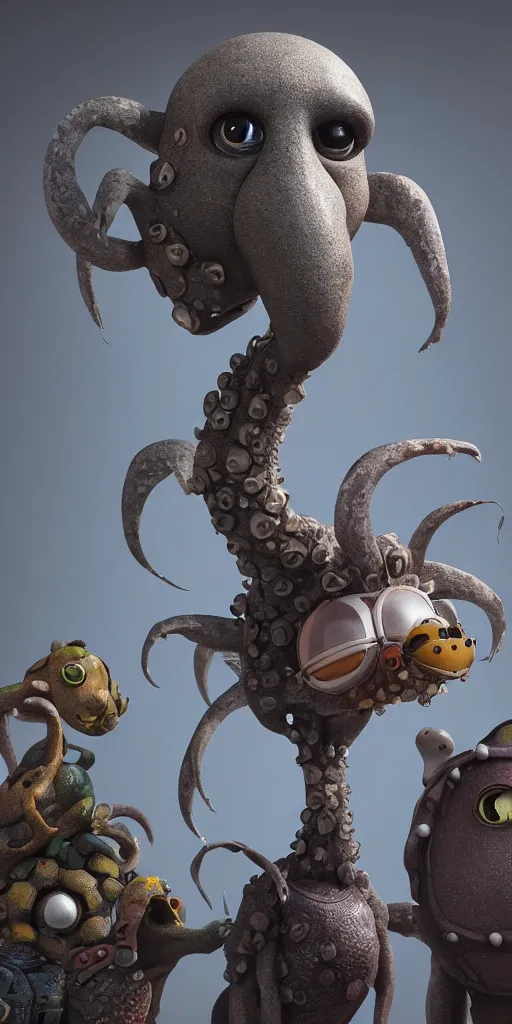 Prompt: a strange bird turtle octopus giraffe chimera creature waiting for the bus with other monsters, in the style of shaun tan and sam shearon, close up, glossy, beautiful, fantastic, wonderful, science fiction, dramatic lighting, high contrast, 3 d sculpture 8 k octane render