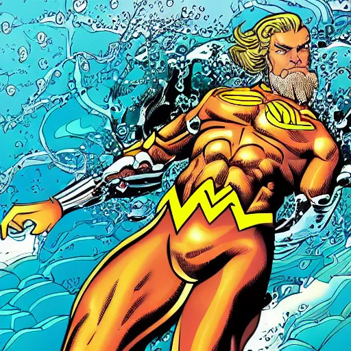 Image similar to vector art aquaman illustrated by Brian Bolland and Alan Moore