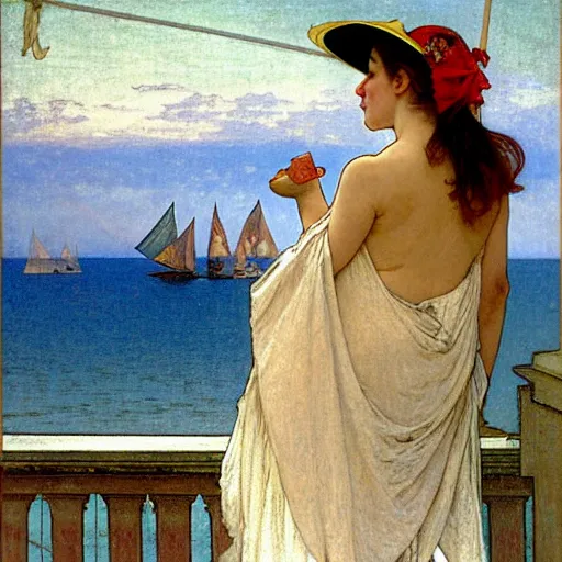 Prompt: A girl with jester hat and clothes on a greek archi circle on the front of a Balustrade with a beach and a sail boat on the background, major arcana clothes, by alphonse mucha and arnold böcklin arnold böcklin arnold böcklin, paul delaroche, hyperrealistic 8k, very detailed