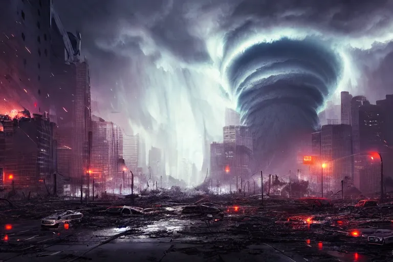 Image similar to monstrous tornado with multiple vortex tendrils looming over a destroyed cityscape, night, backlit, sprites, hyperdetailed, cgsociety, artstation