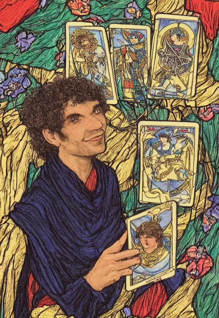 Image similar to Yoshua Bengio smiling drawn on the Tarot card. Illustration by preraphaelists.