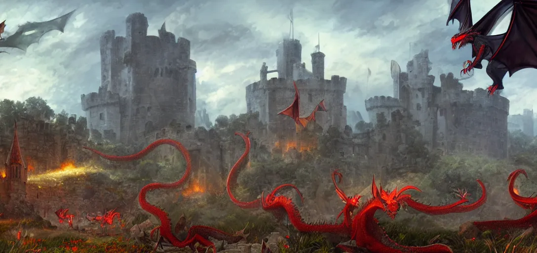 Prompt: wide angle, medieval explorers being chased by a red dragon through castle ruins, lake, realistic digital painting, concept art, coherent design, vivid color, complementary color, rule of thirds, detailed, sharp lines, intricate, in the style of forgotten realms, by studio ghibli, by greg rutkowski, by anato finnstark, deviantart, octane render, cgi