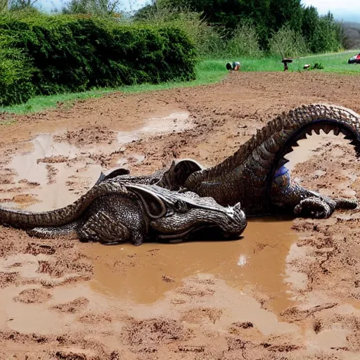 Prompt: dragon play in mud