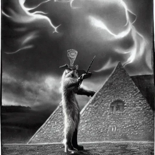 Prompt: anthropomorphic fox who is a medieval knight holding a sword towards a stormy thundercloud 1 9 3 0 s film still, castle in the background, being shown in a theatre