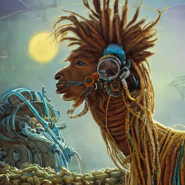 Prompt: llama with dreadlocks, industrial scifi, by mandy jurgens, ernst haeckel, anton fadeev, james jean