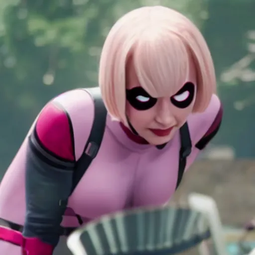 Prompt: A still of Gwenpool in Deadpool 3 (2023), no mask, blonde hair with pink highlights, normal-looking eyes