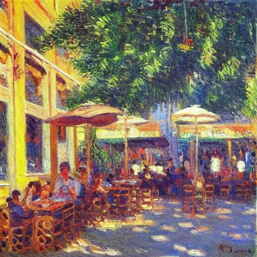 Prompt: “ sunlit café in Tel Aviv, busy, daytime, happy, in the style of Monet”